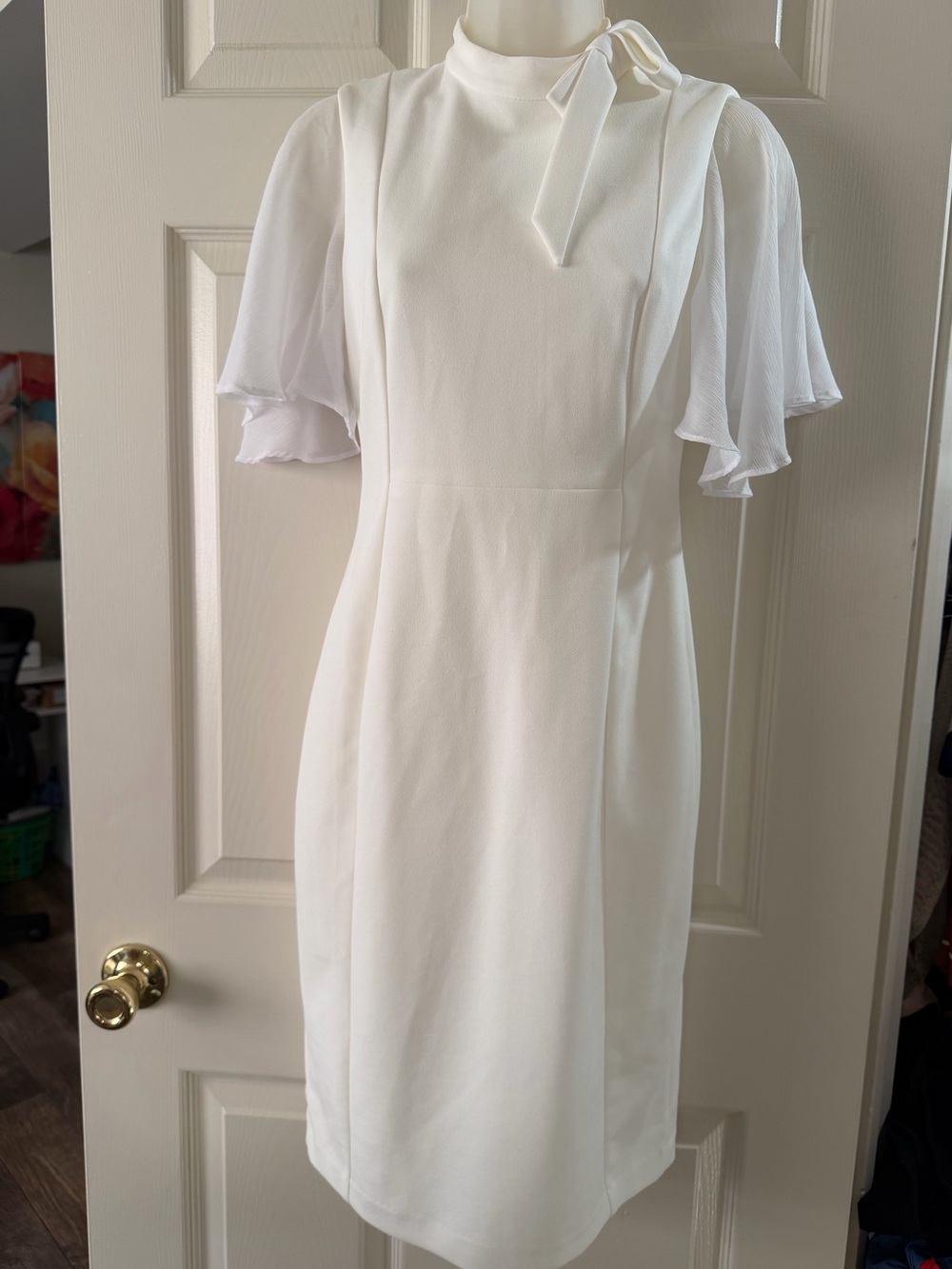 Calvin Klein Cream Midi Dress with Tie Neck and Flutter Sleeves